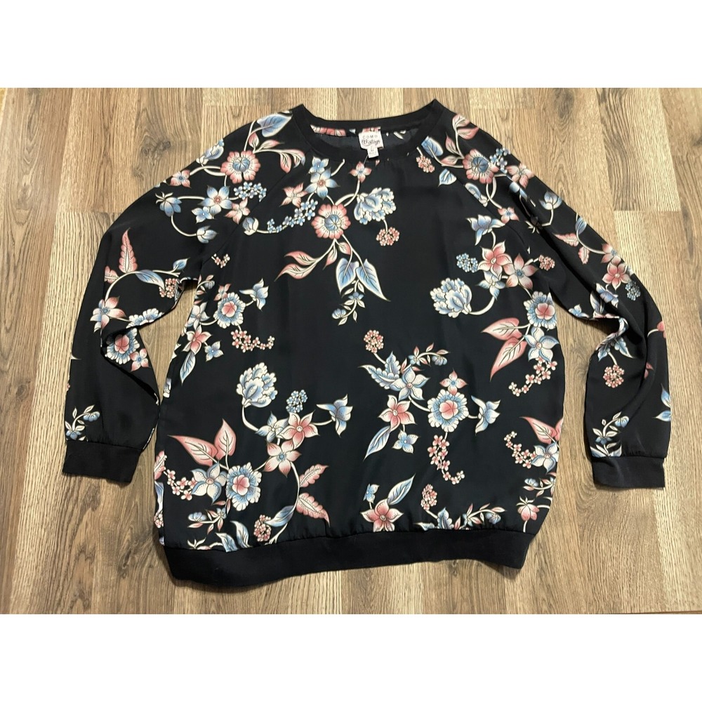 Como Vintage Shirt, Women's Size Medium, Black, Floral, Long Sleeve